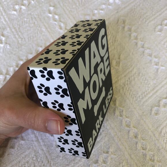Wag More Bark Less Wooden Block Sign 4x4 Paw Print Sides Black White Distressed - Picture 2 of 7